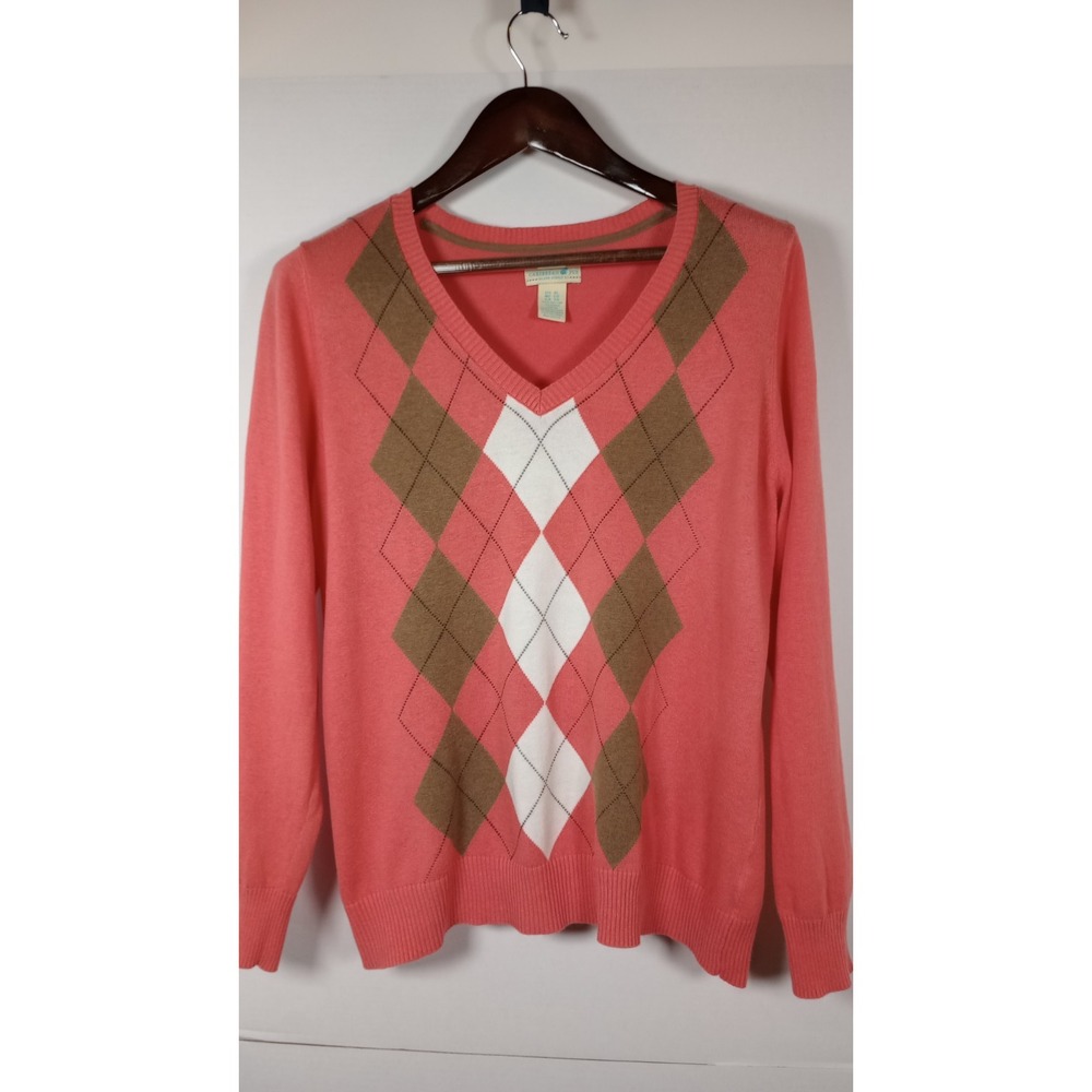 Caribbean Joe Womens XL Pink/Melon Argyle Sweater V Neck 100% Cotton Preppy